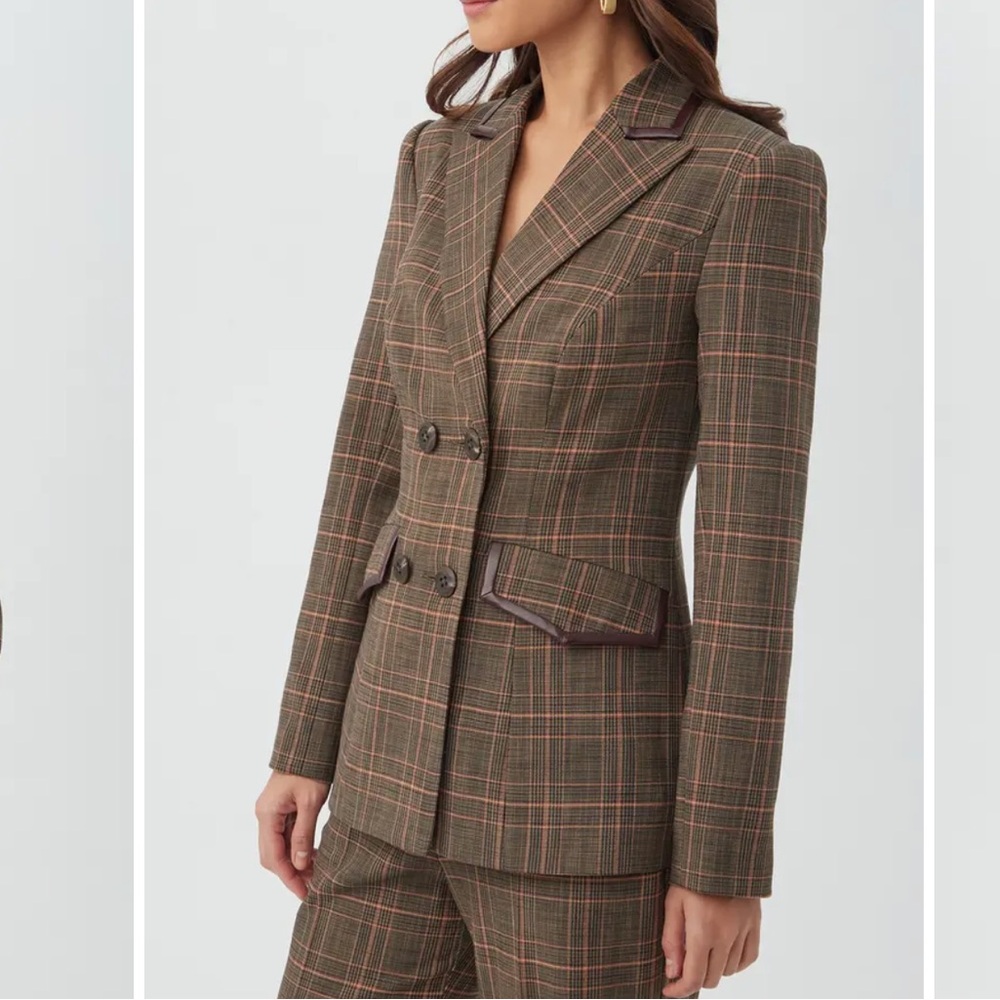 Trina Turk Cassy Plaid Faux Leather Trim Blazer double breasted preppy  academia